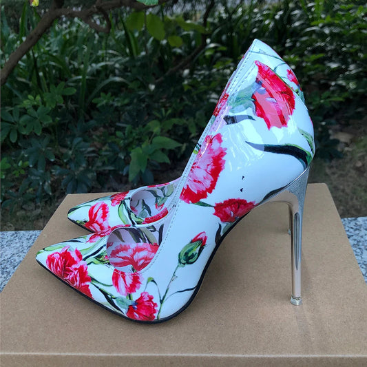 11cm Metal High Heel Women Floral Pointy Toe Stilettos Shoes for Summer