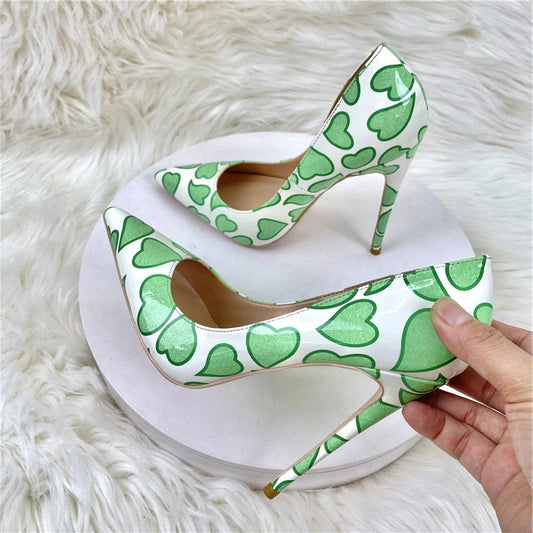 Sweetheart Print White Patent Pointy Toe High Heel Shoes for Women