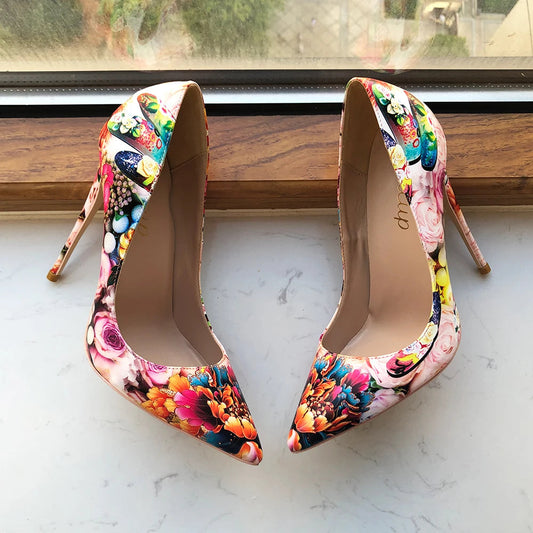 Embossed Floral Print Pointy High Heel Shoes for Women