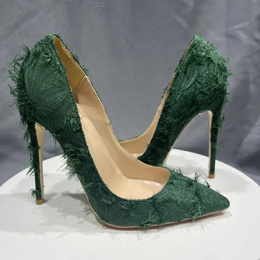 Green Tassel Distressed Fabric Stiletto High Heels Chic Sexy Pumps