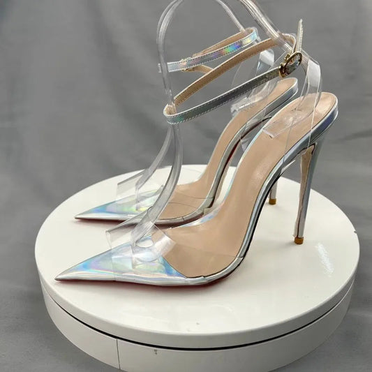 Summer Women Sexy Ankle Straps Clear PVC Pointy Toe High Heel