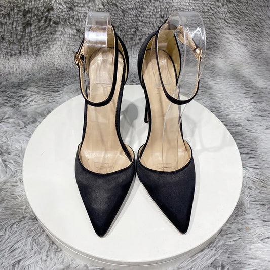 Silk Satin Ankle Strap Pointy Toe High Heel Shoes for Women in Black, Pink, and Green