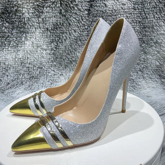 Sparkle Silver Sequins Slip On High Heel Shoes with Pointy Toe