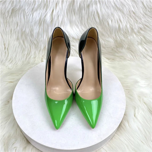 Black Green Women Pointy Toe Side Cut High Heel Shoes