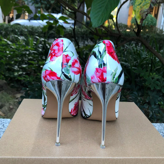11cm Metal High Heel Women Floral Pointy Toe Stilettos Shoes for Summer