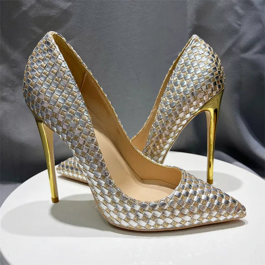 Shiny Plaid Chic Stilettos High Heels Bling Party Dress Shoes for Women