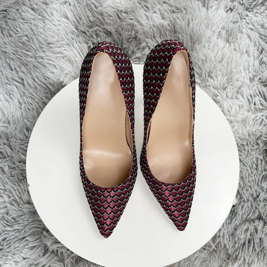 Wine Red Pointy Toe High Heel Shoes with Mesh Pattern for Women