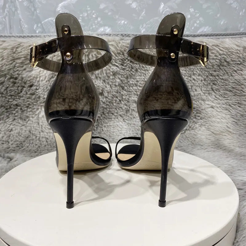 Transparent Ankle Strap 10cm High Heel Stiletto Sandals Open Toe Summer Pumps for Women