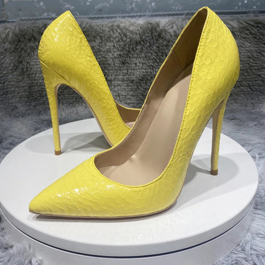 Yellow Crocodile Effect Pointy Toe High Heel Sexy Party Shoes for Women