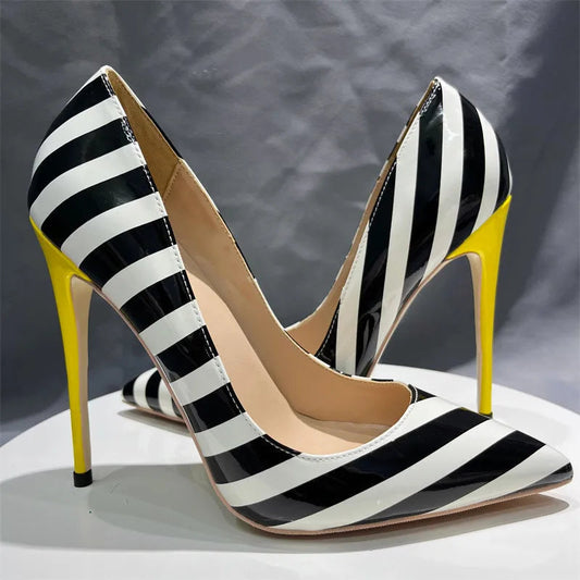 Striped Print Women Pointy Toe Stiletto Pumps with Yellow Heels