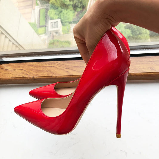 Red Patent Pointy Toe Stiletto Pumps - 12cm Heel
