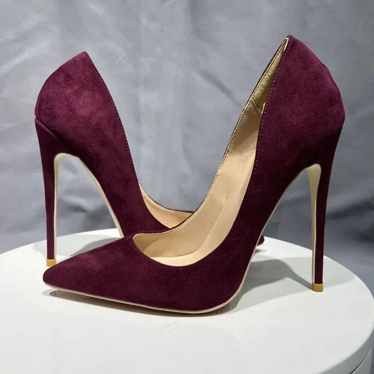 Burgundy Faux Suede Pointy Toe High Heel Shoes for Women