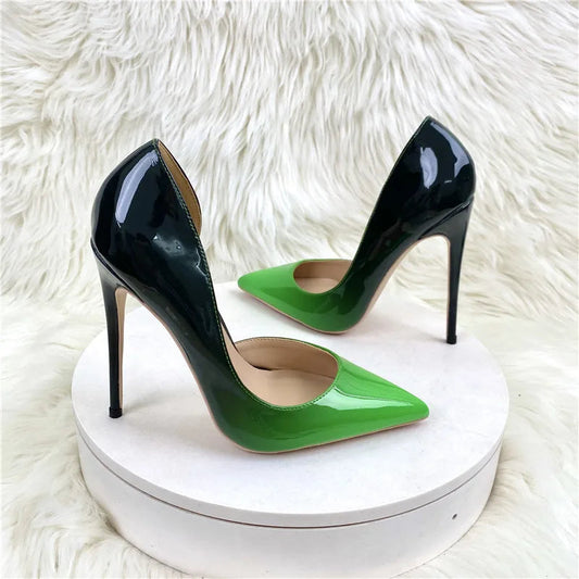 Black Green Women Pointy Toe Side Cut High Heel Shoes