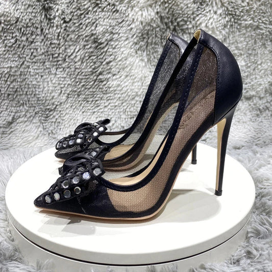 Black Gauze Mesh Pointy Toe High Heel Shoes with Rhinestones Bow for Women
