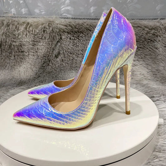 Silver Crocodile Effect Pointy Toe High Heel Party Dress Shoes for Women