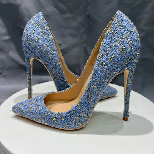 Blue Plaid Pointy Toe High Heel Shoes for Women