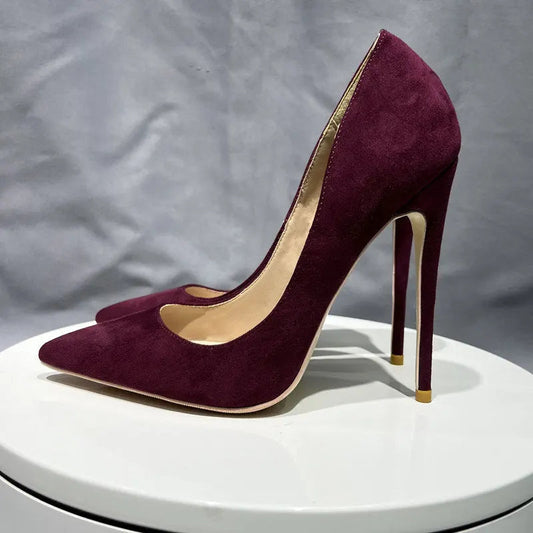 Burgundy Faux Suede Pointy Toe High Heel Shoes for Women