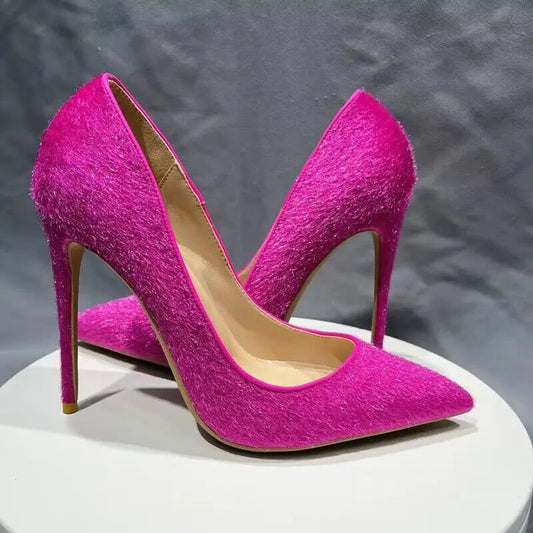 Rose Hairy Women Sexy Pointy Toe High Heel Slip On Stiletto Pumps