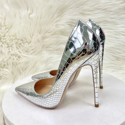Silver Crocodile Effect Pointy Toe High Heel Party Shoes for Women