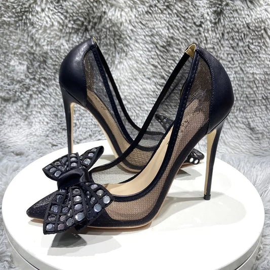 Black Gauze Mesh Pointy Toe High Heel Shoes with Rhinestones Bow for Women