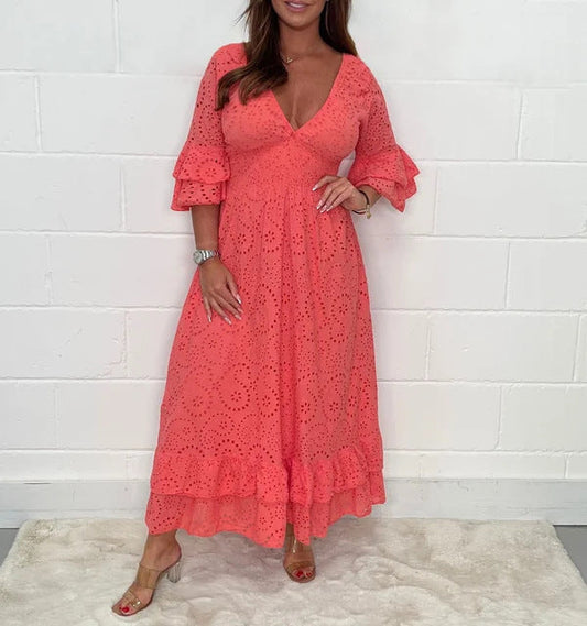 Alice || High Waisted Embroidered Solid V-neck Dress