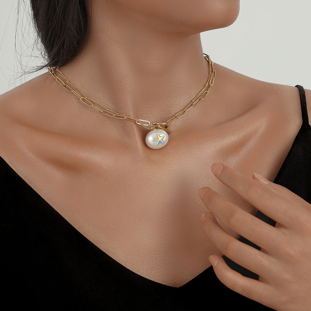 Stainless Steel Round Pearl Star Necklace