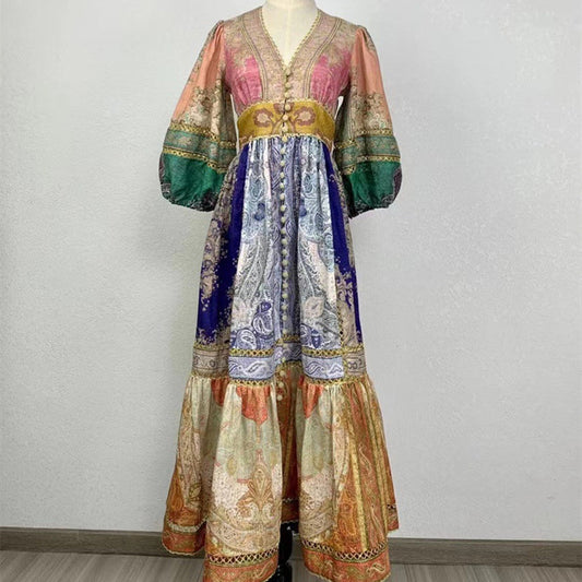 V Neck Patchwork Dress