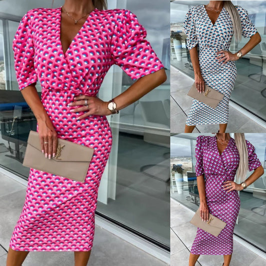 V-neck Short-sleeved Print Slim Mid-length Skirt